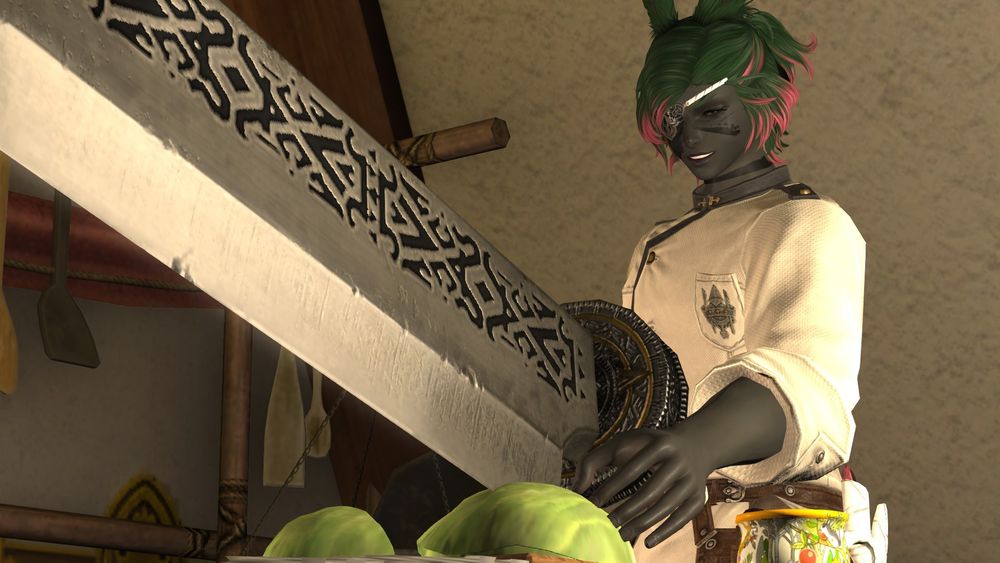 Jaeger wielding a MASSIVE cleaver, using it to cut a head of lettuce. He's wearing a chef's outfit and a big stupid grin.