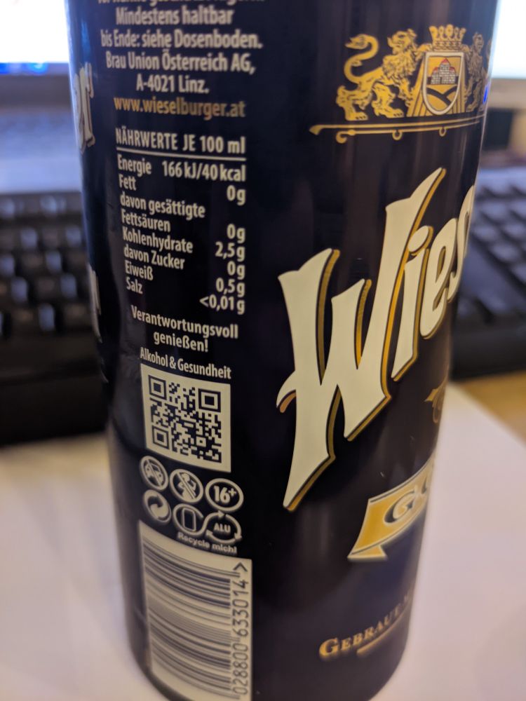 Eine Wieselburger Dose mit der Aufschrift verantwortungsvoll genießen! Alkohol und Gesundheit, sowie einem QR Code zu wieselburger.at/aug