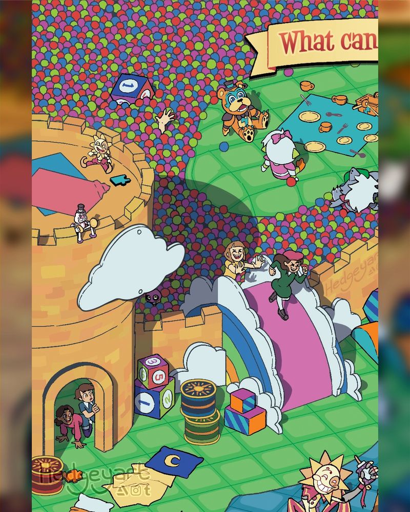A hidden object puzzle scene themed around the daycare attendants from Five Nights at Freddy's: Security Breach. The written portion of the puzzle goes as follows:

We see a camera, a white pair of sneakers, 
one attendant searching for hide-and-seekers, 

A full roll of tickets so fun never ends, 
5 cupcakes to share with your friends,

Two plate pals, a picnic, 
a lone number cube, and 
one attendant's sparkly glitter glue tube, 

3 mini music men playing their sound, 
and 1 chair clipping into the ground!
