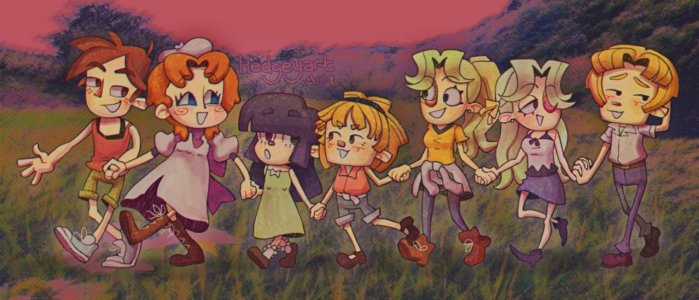 The cast of Higurashi When They Cry walking together in a field. They are drawn in a cartoon style. The characters from left to right are Keiichi Maebara, Rena Ryugu, Rika Furude, Satoko Hojo, Mion Sonozaki, Shion Sonozaki, and Satoshi Hojo.
