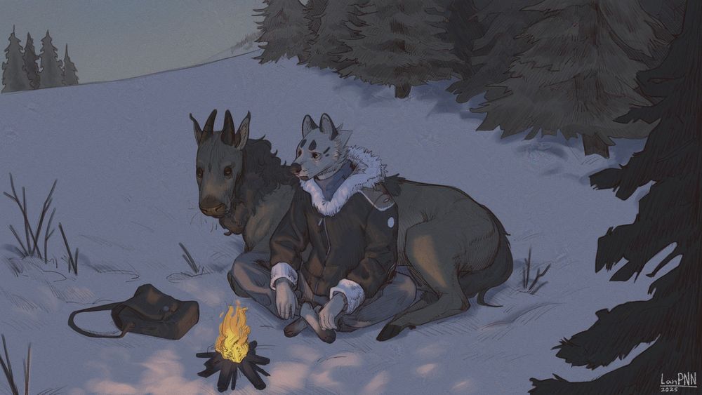 Snowy landscape. A furry character sits on the ground, legs crossed, staring at a bonfire. Cow-like creature lying behind the character.