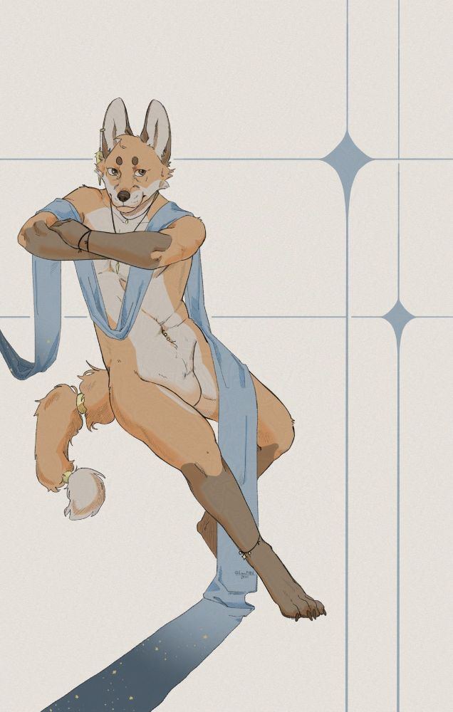 An anthropomorphic fox sits midair with his arms crossed. A piece of cloth passes over his arms and legs. The background has two blue star-shaped drawings.