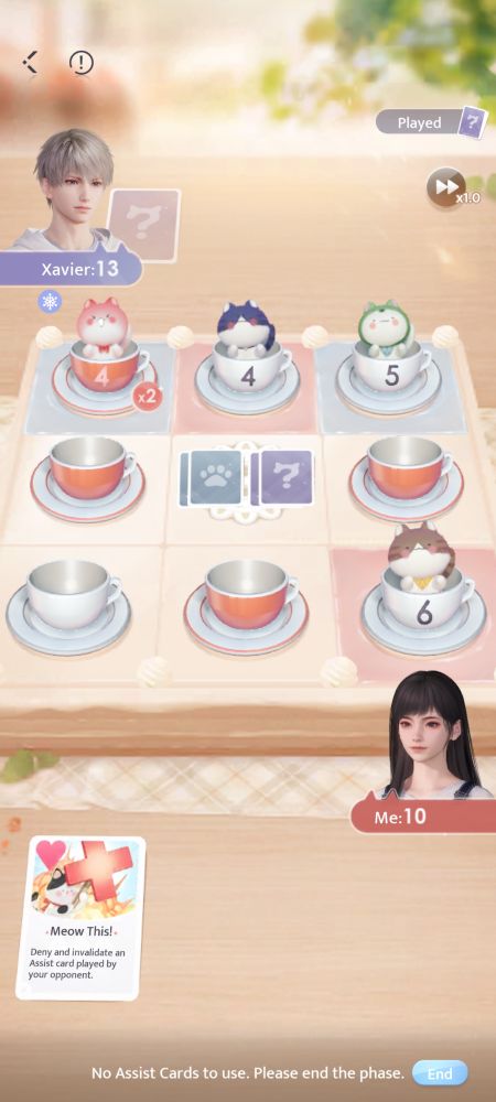 a screenshot of the game Love and Deepspace. Currently, my character in the game is playing Kitty Cards with Xavier.
