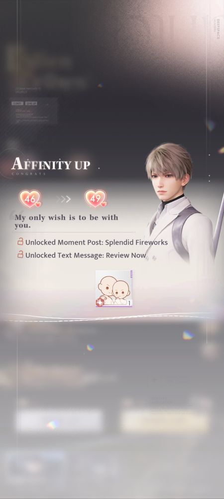 a screenshot showing that my affection level with xavier jumped up from 46 to level 49. (this was causer by the pull of two 5 star cards.)