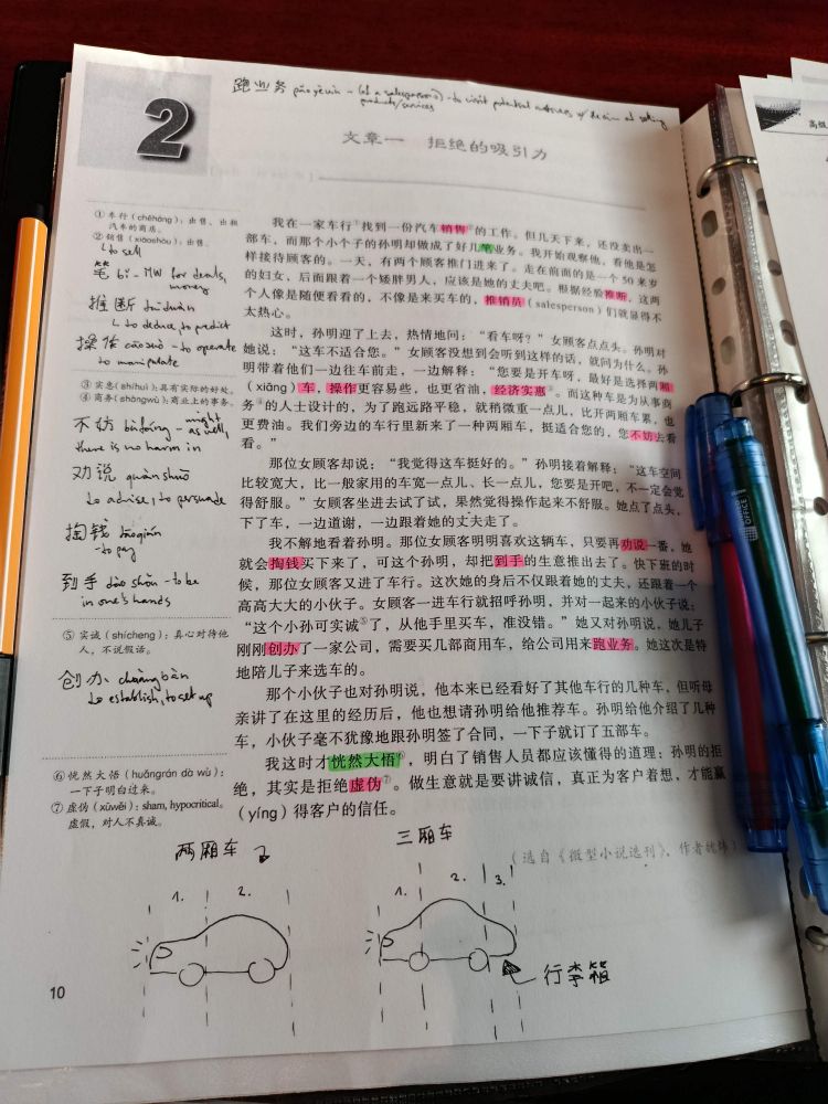 a photo of a sheet of paper with a mandarin article. the paper has my vocabulary notes and a small doodle of  two cars.