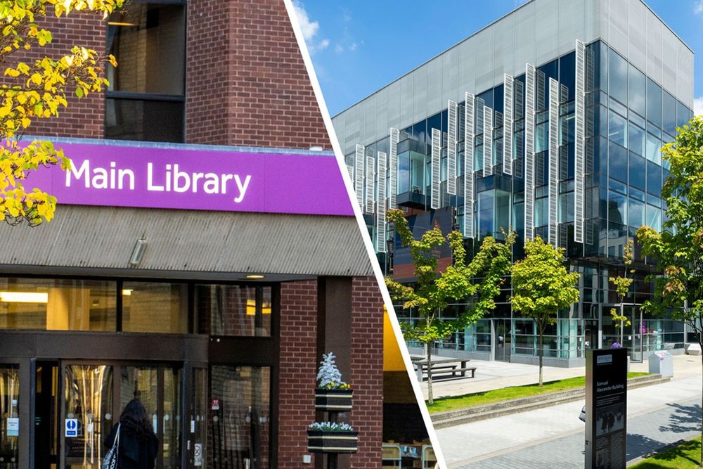 The front of Main Library and another of the front of AGLC