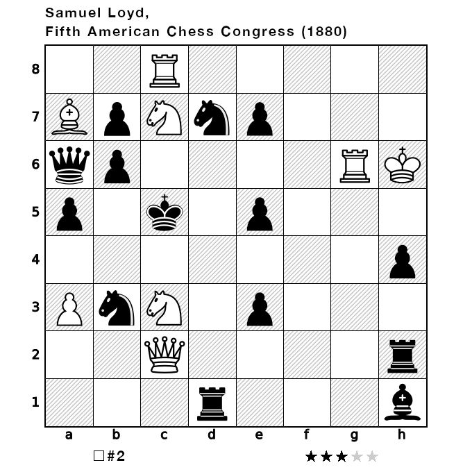 A chess board illustrating the starting position and instructions for the chess problem, "White to move and checkmate in two moves." The chess pieces are arranged as follows: White - King: h6, Queen: c2, Rooks: g6 c8, Bishops: a7, Knights: c3 c7, pawns: a3; Black - King: c5, Queen: a6, Rooks: d1 h2, Bishops: h1, Knights: b3 d7, pawns: e3 h4 a5 e5 b6 b7 e7.