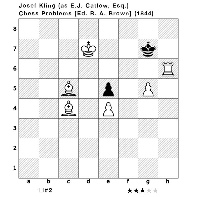 A chess board illustrating the starting position and instructions for the chess problem, "White to move and checkmate in two moves." The chess pieces are arranged as follows: White - King: d7, Rooks: h6, Bishops: c4 c5, pawns: e4 g5; Black - King: g7, pawns: e5.