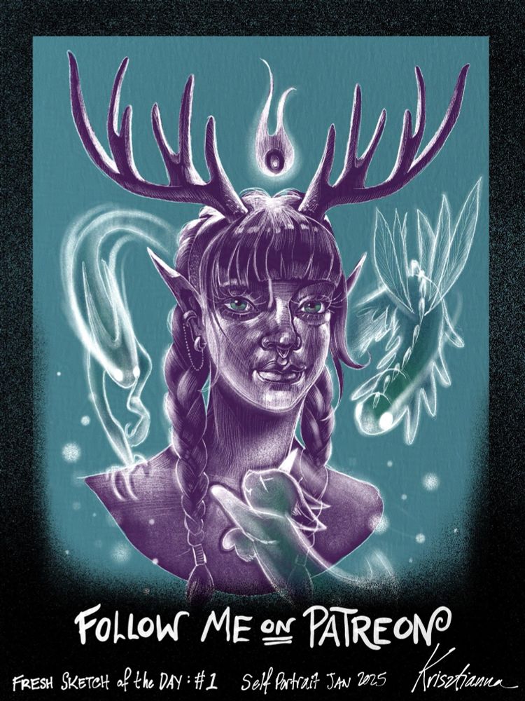 Self portrait of the artist Krisztianna with antlers. She is surrounded by three magical whisp creatures flying around her. 