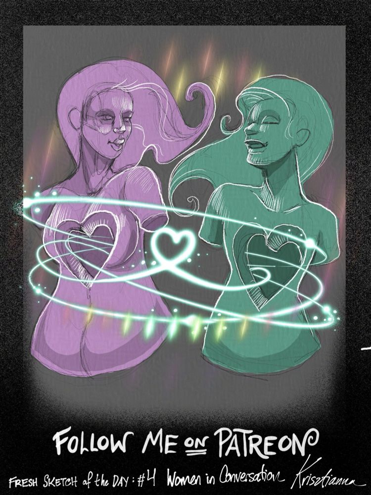Two women, one the color lavender the other the color of sage, chatting with each-other while glowing threads connect them and fill the heart shaped holes in their chests.