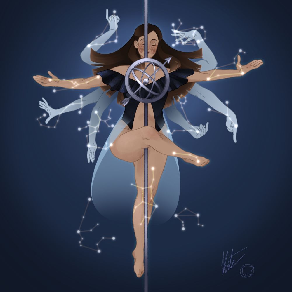 A pole dancer surrounded by constellations that intertwine between her arms and the ghostly ones behind her back.