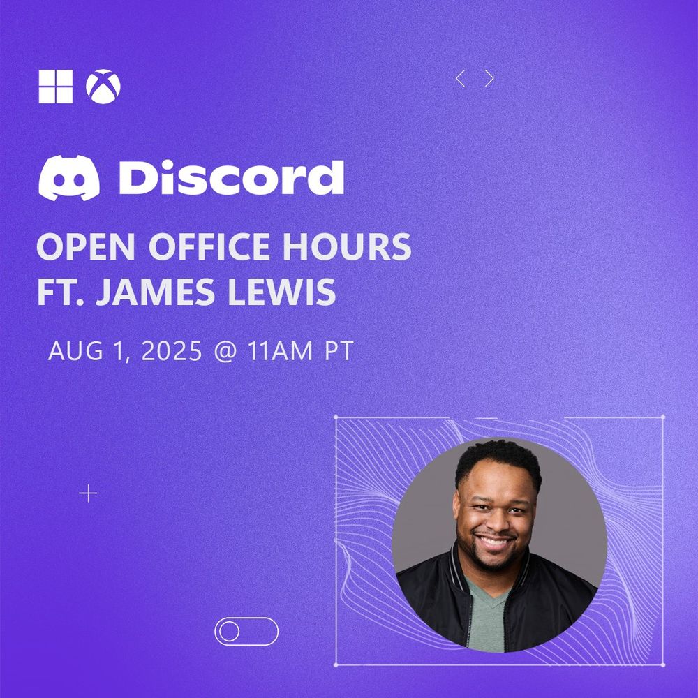 A promotional image for Discord's Open Office Hours featuring James Lewis. The background is a gradient of purple shades. At the top left, there are icons for Windows and Xbox. Below that, the Discord logo and text read: 'OPEN OFFICE HOURS FT. JAMES LEWIS AUG 1, 2025 @ 11AM PT.' At the bottom right, there is a circular photo of James Lewis.