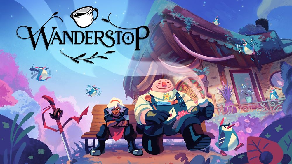 An illustration of two characters sitting on a bench in front of a whimsical, colorful house. The character on the left wears a hooded cloak and appears to be reading or looking down at something in their hands. The character on the right is larger, smiling, and holding a steaming cup. Several small bird-like creatures are scattered around—some flying, others perched. Above the scene, the word 'Wanderstop' is displayed with a stylized coffee cup integrated into the design.