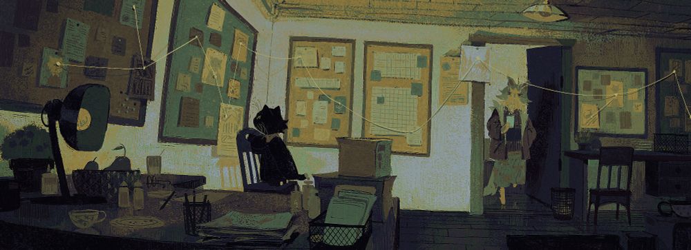 cat detective came at her work too early and find out that her colleague already on the work (did he ever sleep?)