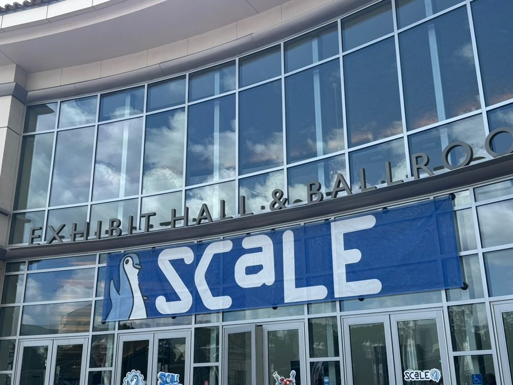 Pasadena Conference Center entrance with SCaLE banner.