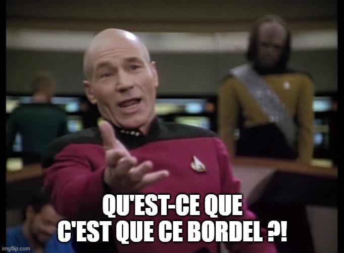 Jean Luc Picard, annoyed, asking "What the Hell is this" in French. 