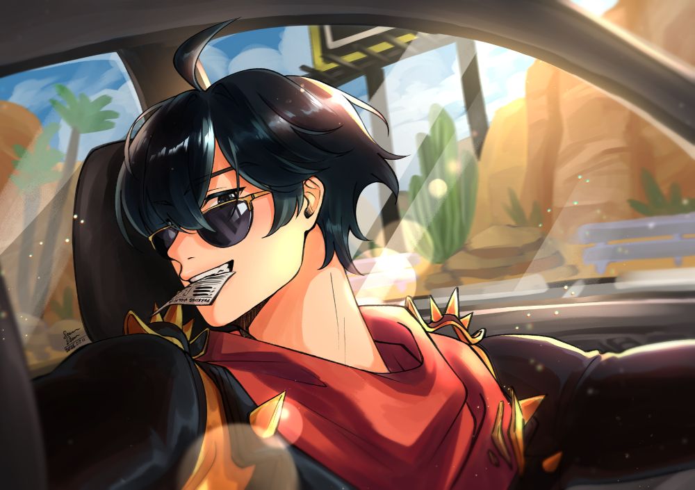 A digital drawing of Lighter in the driver's seat of a car. One arm is behind the passenger seat and the other is extended to rest on the steering wheel. His head is angled as if to look through the rearview window, but his eyes are fixed on the viewer in the passenger seat. He grins with a parking ticket in his mouth.
