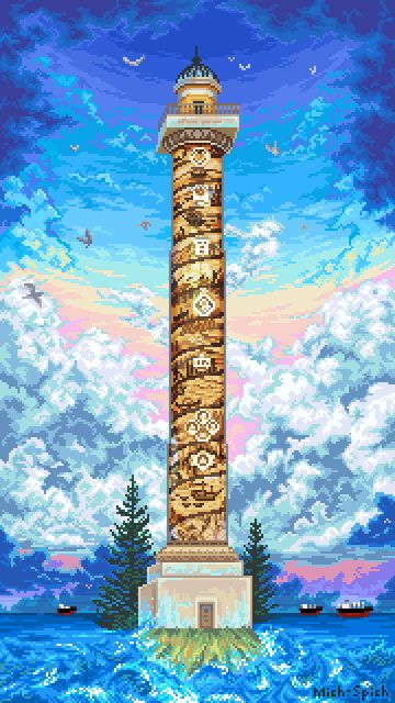 Drawing of the Astoria column in Astoria, Oregon. Waves hit the sides of the base with boats in the distance. Seagulls fly around the column.