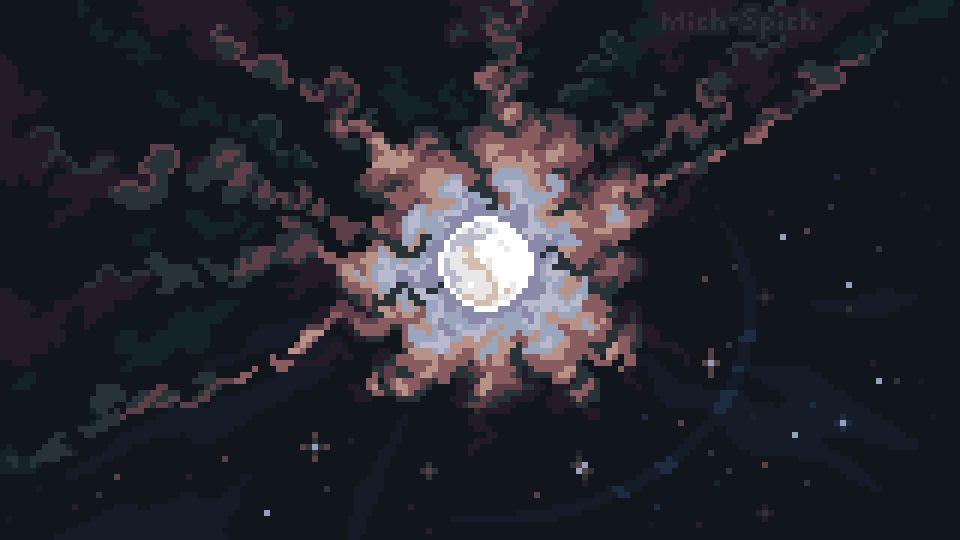Pixel art of a moon in the center with clouds surrounding it and diffusing into the night sky in a circular fashion. Stars line the bottom.
