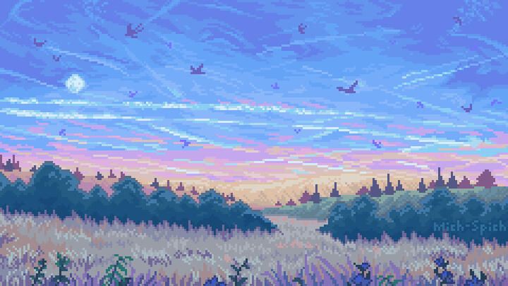 Pixel art of a cloudy sunset as swallowtails fly above a meadow with trees and wildflowers 