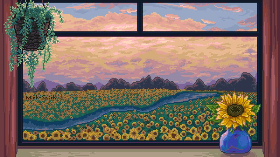 Looking out of a window, there is a sunset field with a river going through the middle. Plants line the inside of the window.