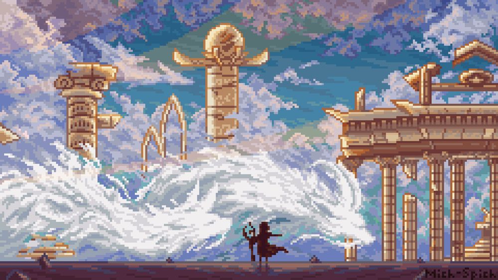 Two sky dragons flying through ancient ruins with their master in the forefront.