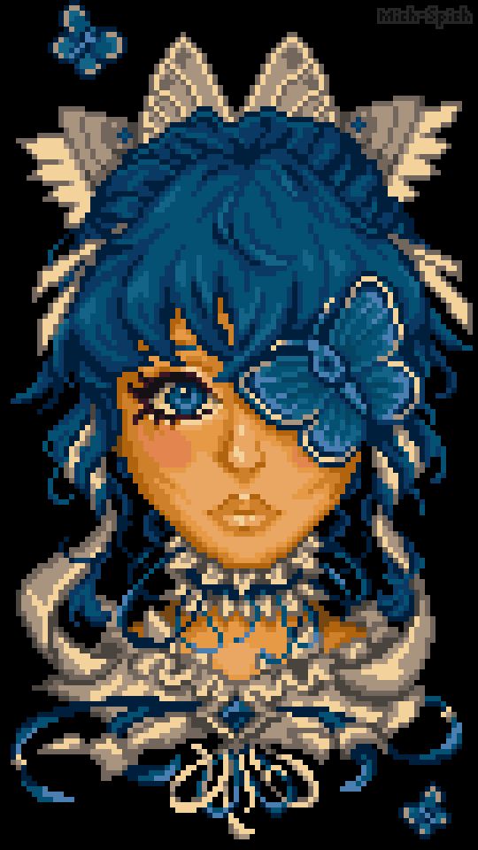 Portrait of a girl with blue hair and dressed in numerous ribbons. A butterfly is covering her left eye with smaller ones flying around her.