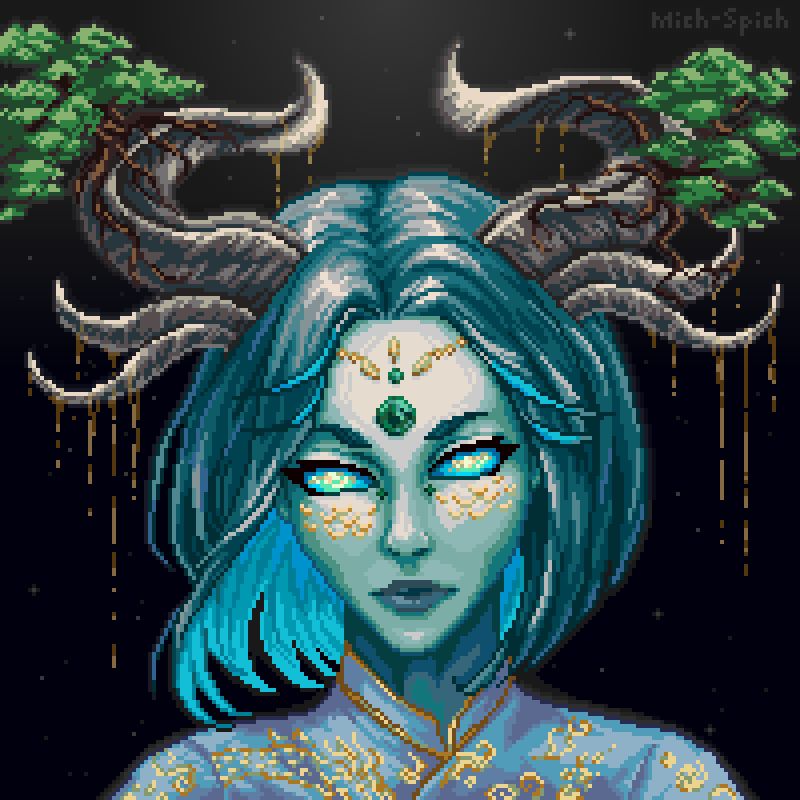 Character design of a Chinese-inspired dragon lady with horns. Bonsai trees grow on the horns, with moss dripping off of them.