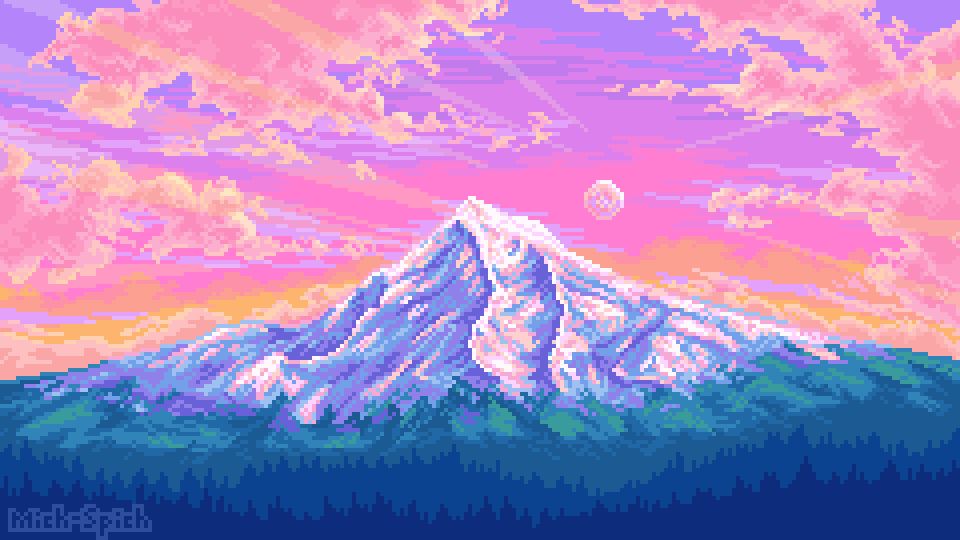 Pixel art of Mt Hood with a bright pink sunset and full moon