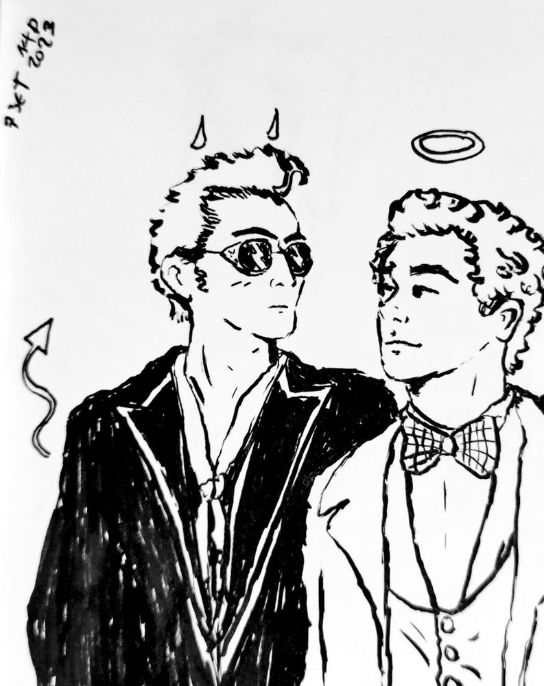 A black and white portrait of Crowley and Aziraphale from the tv series Good Omens made with black ink by hand it's written NTP 2023