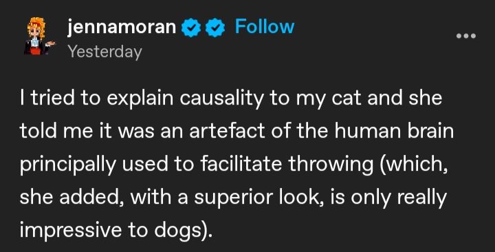 Tumblr post from user jennamoran: "I tried to explain causality to my cat and she told me it was an artefact of the human brain principally used to facilitate throwing (which, she added, with a superior look, is only really impressive to dogs)."