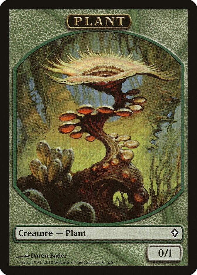 MTG Plant Token from Worldwake, a 0/1 Plant Creature, illustrated by Daren Bader. A strange plant twists upward and blossoms. There are spherical bumps lining its spiraling stem.