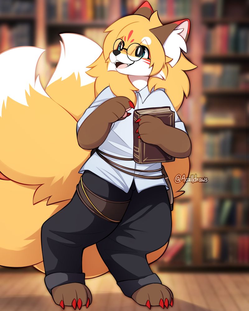 an unnamed kitsune with golden fur, six tails, and round glasses holds a book