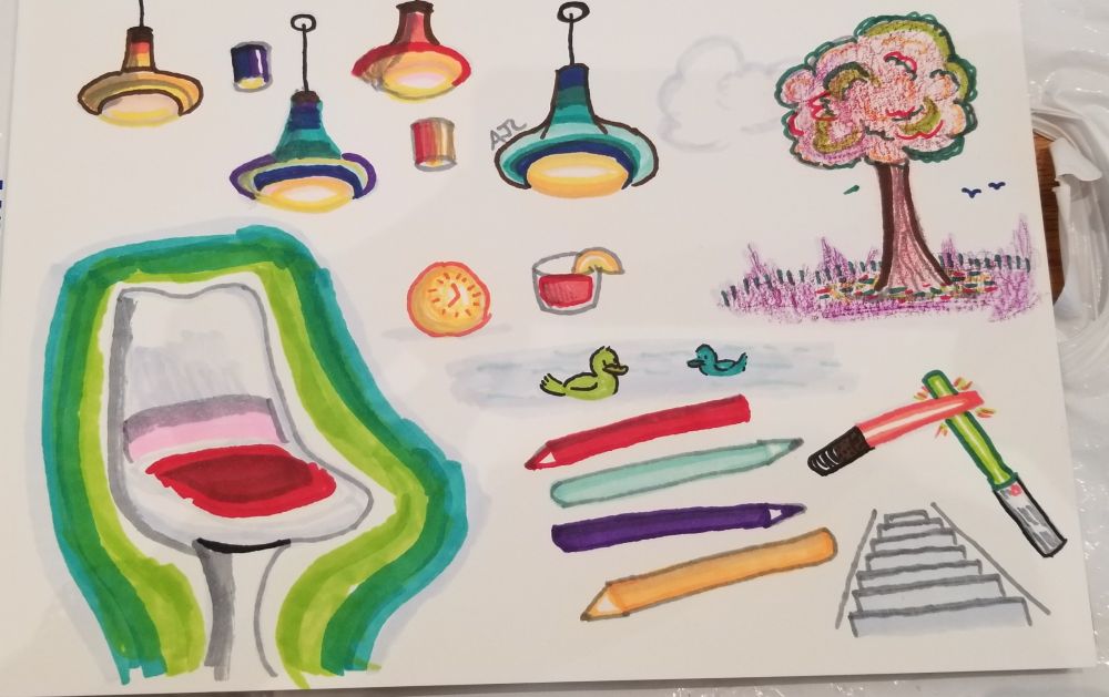 Doodles done in markers and colored pencil, some lamps in the top left, a tree scene in the top right, a chair on the bottom right, a clock, drink, and duck pond in the center, four markers, a pair of lightsabers clashing, and a flight of stairs in the bottom right corner.