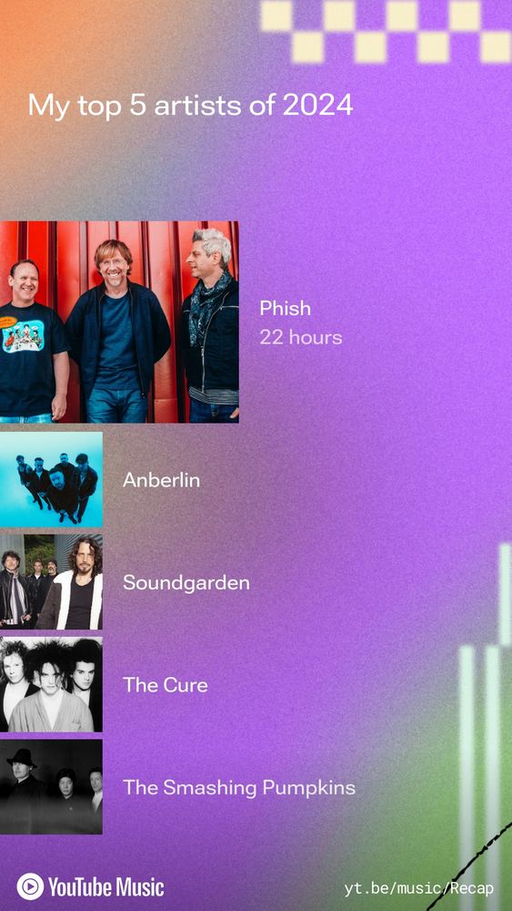 A list of the top musical artists listened to in 2024: Phish, Anberlin, Soundgarden, The Cure, and Smashing Pumpkins. 