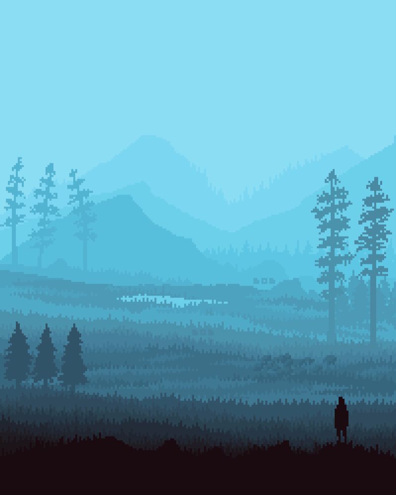 Pixel art landscape - guy standing in front of a huge peaceful landscape (silhouette on the right side). Middle: a lot of grass, some trees on the left and right side. Background: tress on the left and some mountains far away in the foggy landscape. 