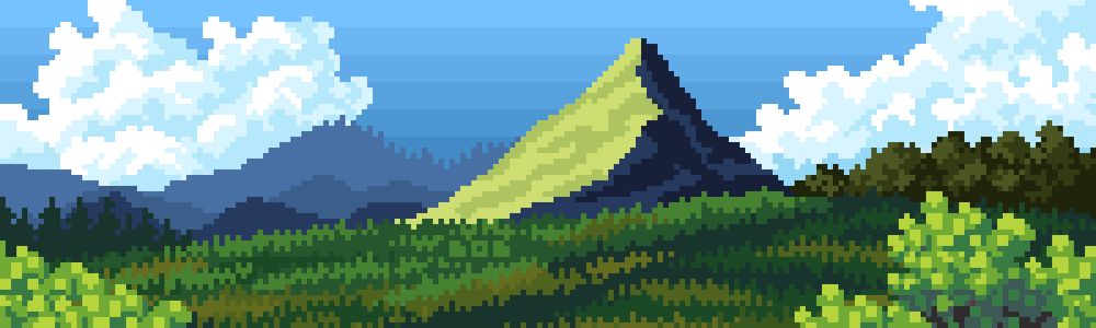 Pixel art landscape - front: grass, middle: mountains (big one in centrum), background: blue sky and left and right side huge clouds. 