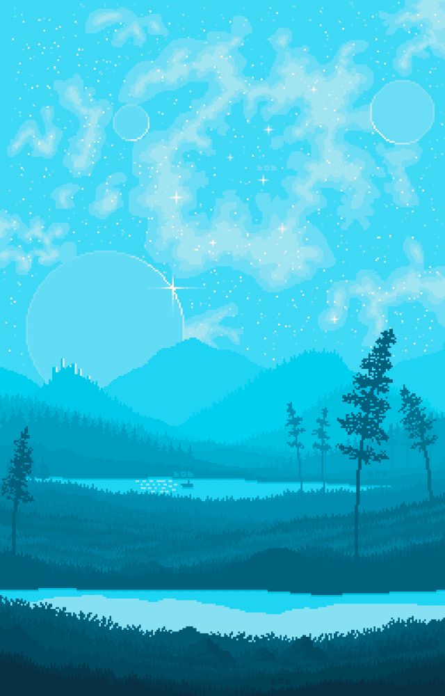 pixel art landscape - in front a first lake, another one in the middle of the piece. right and left side some trees. background some mountains and a castle on the left side on one of the mountains. behind the castle is a huge planet and a big shining star surrounded by a blue sky full of shining stars. On the lake I the middle is a small boat. 