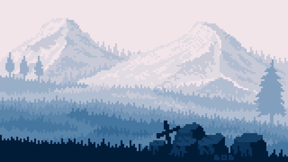 Peaceful foggy nature in pixel art (mountains in the background) - in blue colors. 