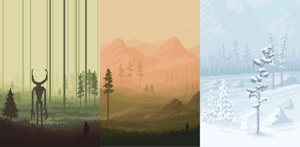 3 peaceful pixel art landscapes in different colors. 