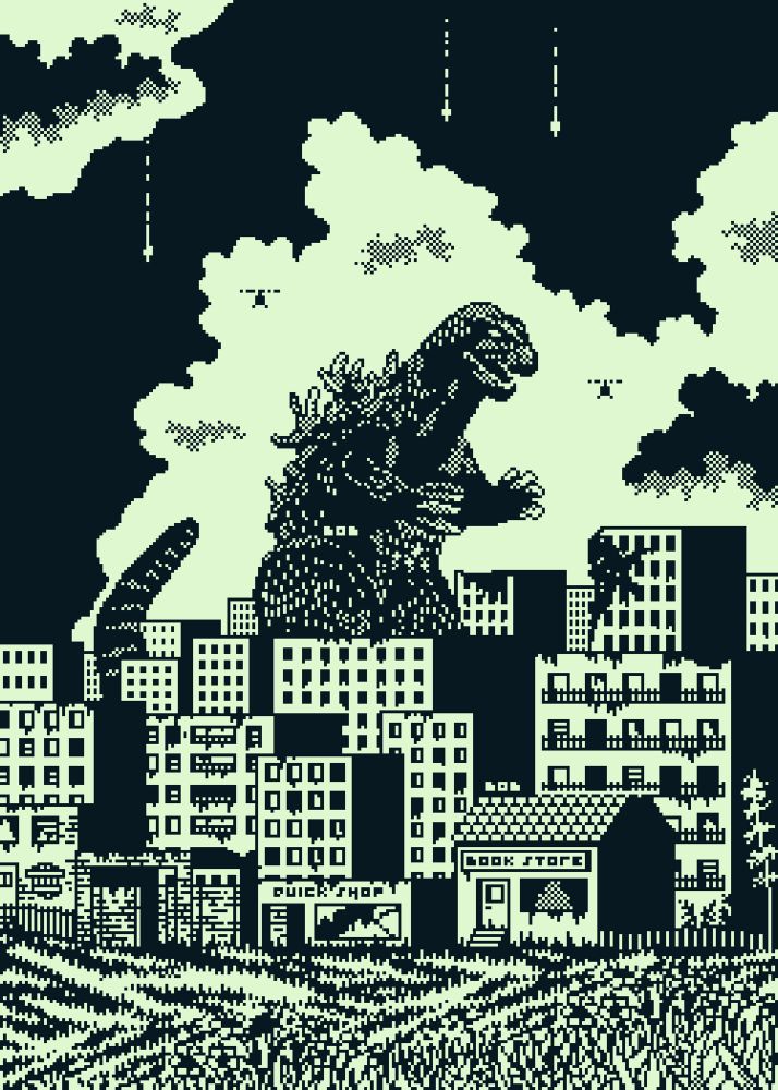 Godzilla 1bit pixel art - front: flowers and grass - middle: houses and Godzilla behind them - background: huge clouds in front of a dark sky + some helicopters 