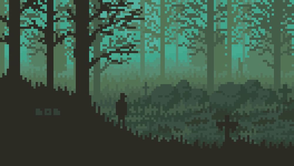 Just a guy in a dark foggy pixel art environment (in green colors). 