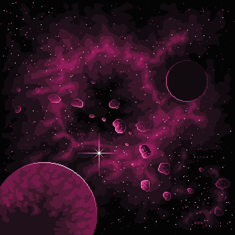 Outer space pixel art in red and pink colors. Left side: huge planet (next to him a big shining star). Meteorites in the middle and another planet right side. Shining stars in front of the dark endless universe. 
