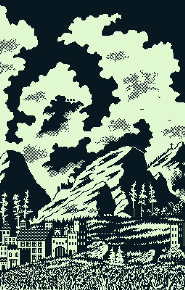 1bit pixel art landscape - front: flowers and high grass. Middle: castle on the left side, another tower on the right and some mountains and trees behind. Background: huge clouds in front of a dark sky. 