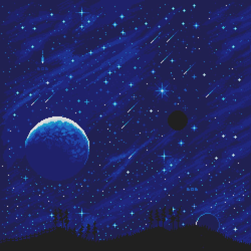 Peaceful pixel art night sky - front: dark Silouette of some mountains & trees. Background: dark blue sky full of shining stars & a big planet (left side). 