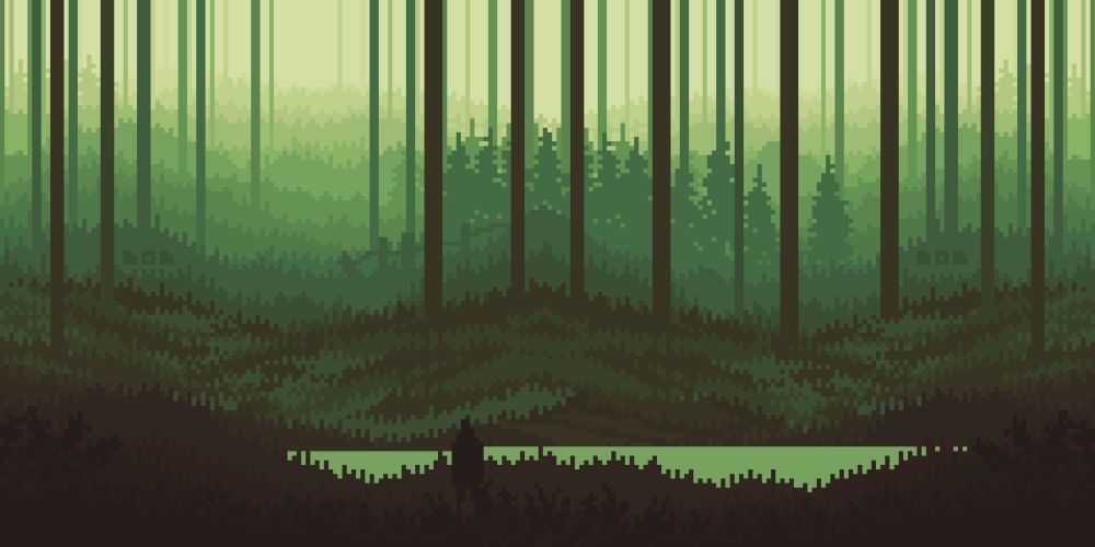 Pixel art nature landscape in green tones - silhouette of a guy in the dark front and trees, grass and a lake in the foggy background.