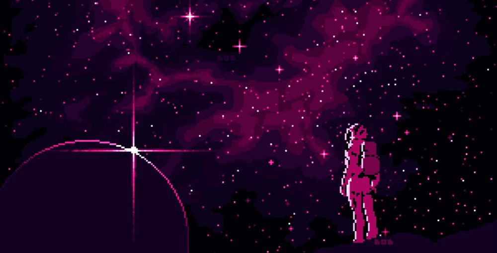 Pixel art space - front, right side: astronaut & left side big planet with shining  Das star. Right side on top of the astronaut another smaller planet. Background: dark sky full of shining stars in purple and pink colors.
