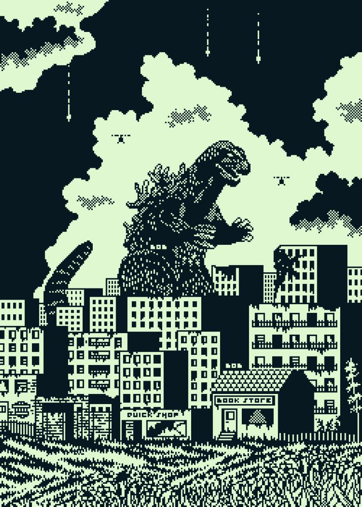 Godzilla 1bit pixel art - front: flowers and grass - middle: houses and Godzilla behind them - background: huge clouds in front of a dark sky + some helicopters.