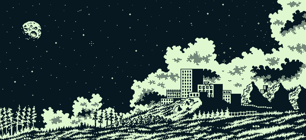 1bit pixel art landscape - grass in the front, some mountains and Tess (left side) and a small city (right side) in the middle and clouds, stars and the moon in the dark background.