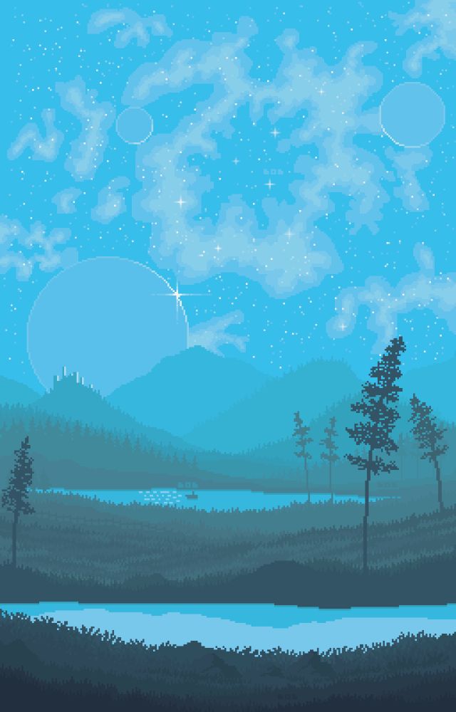 pixel art landscape - in front a first lake, another one in the middle of the piece. right and left side some trees. background some mountains and a castle on the left side on one of the mountains. behind the castle is a huge planet and a big shining star surrounded by a blue sky full of shining stars. On the lake I the middle is a small boat.